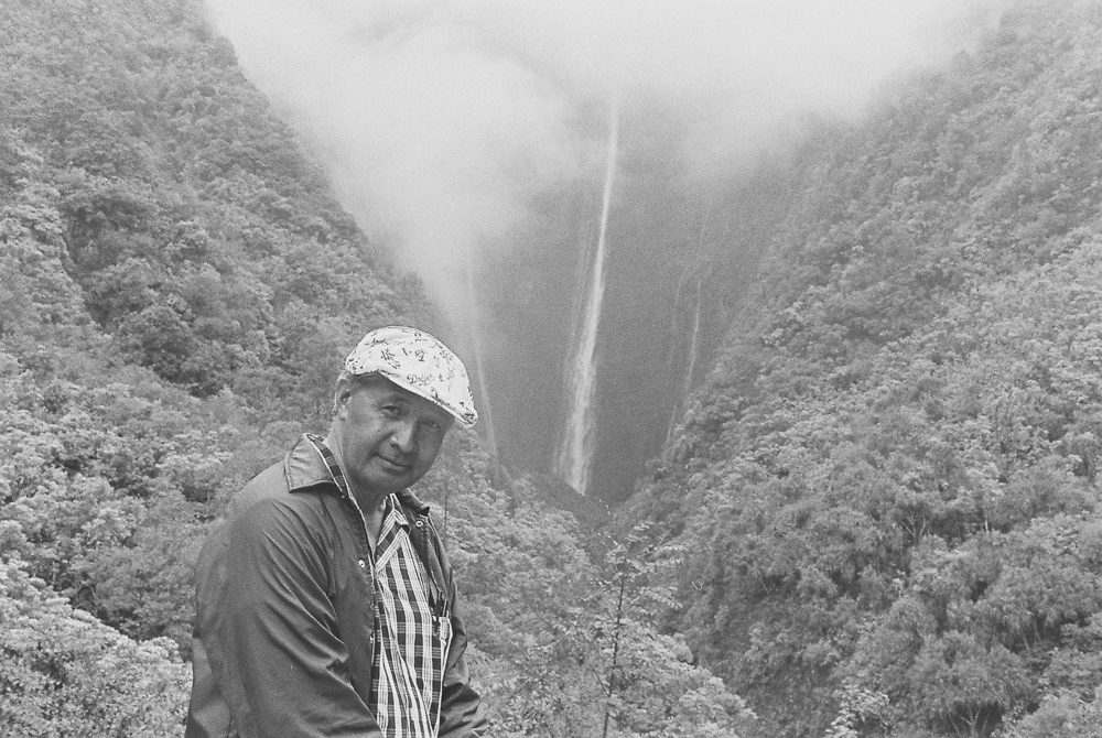 Eddie Kamae, Hawaiian musician and cultural leader, in a misty valley